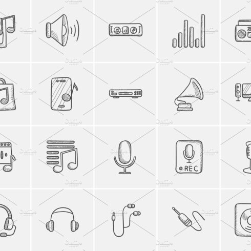 Media sketch icon set. cover image.