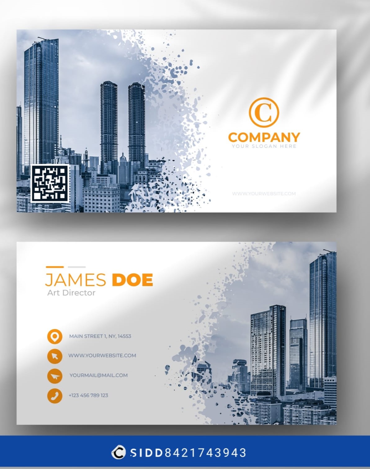Business card with a cityscape in the background.