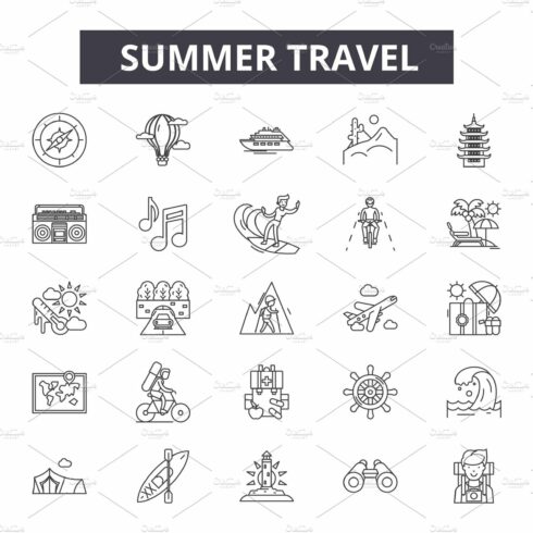 Summer travel line icons, signs set cover image.