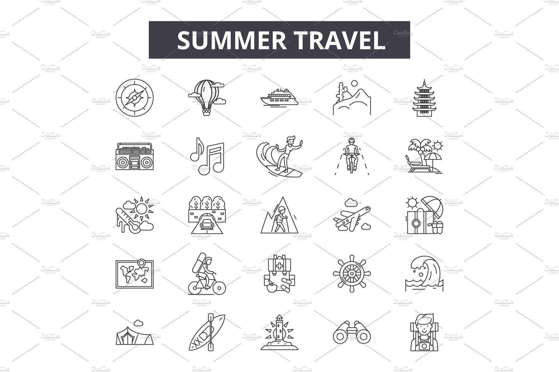 Summer travel line icons, signs set cover image.