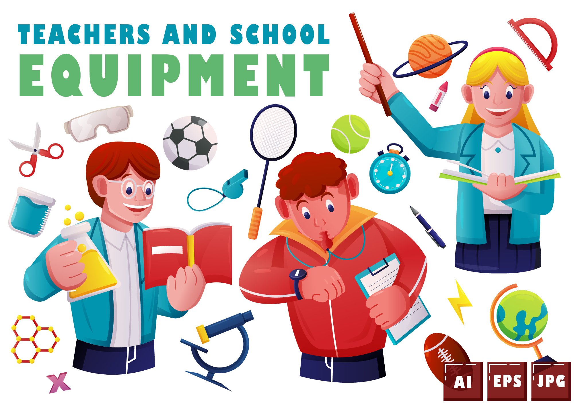 Teachers and school equipment cover image.