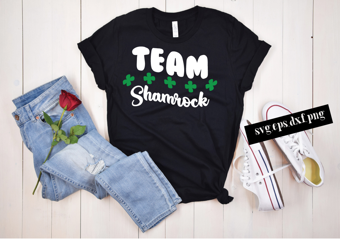 T - shirt that says team shamrock next to a rose.
