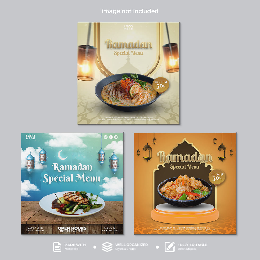 Set of three brochures with a picture of a bowl of food.