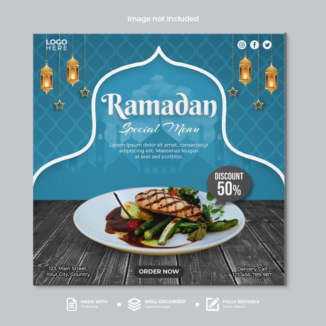 Restaurant flyer with a plate of food.