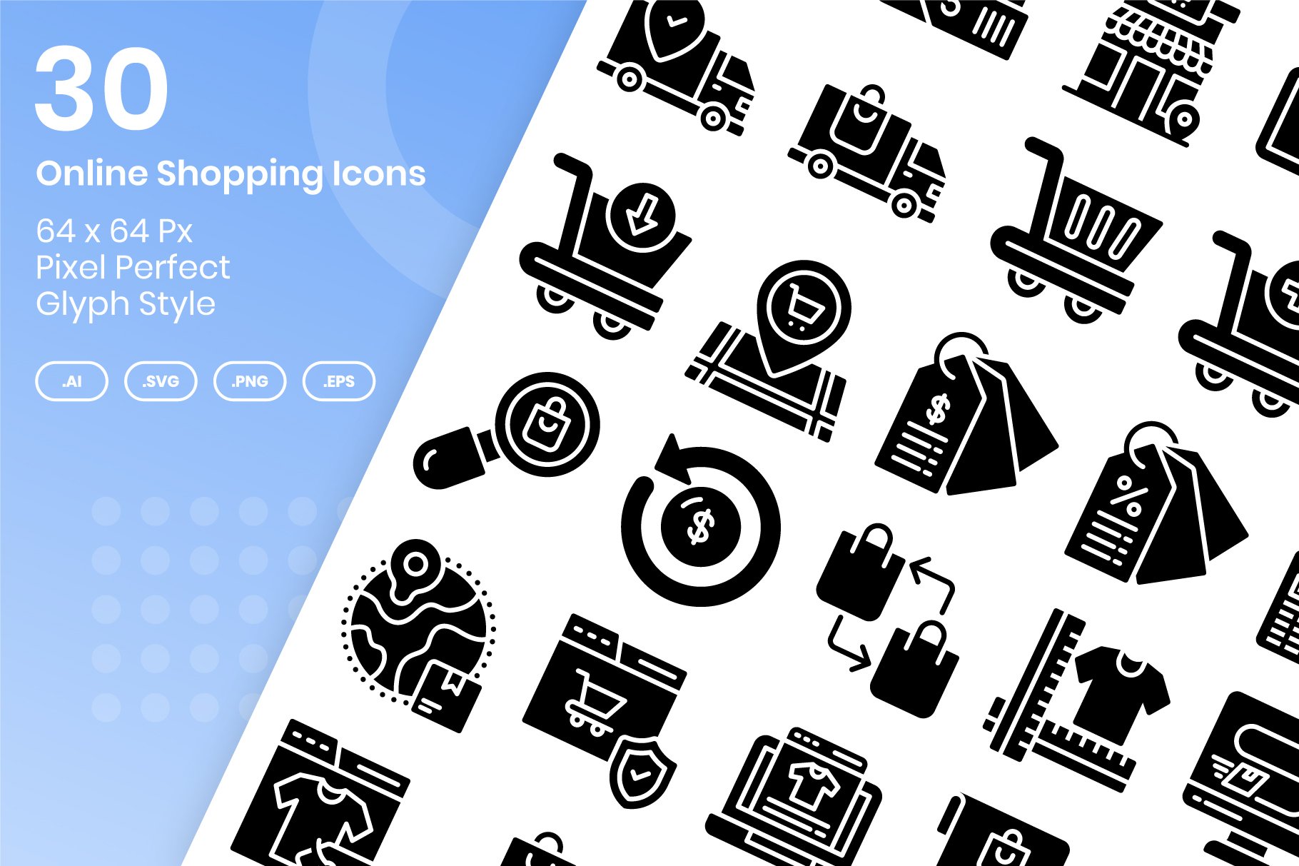 30 Online Shopping Icons Set - Glyph cover image.