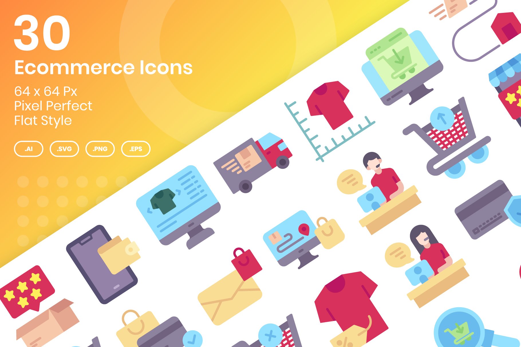 30 Ecommerce Icons Set - Flat cover image.