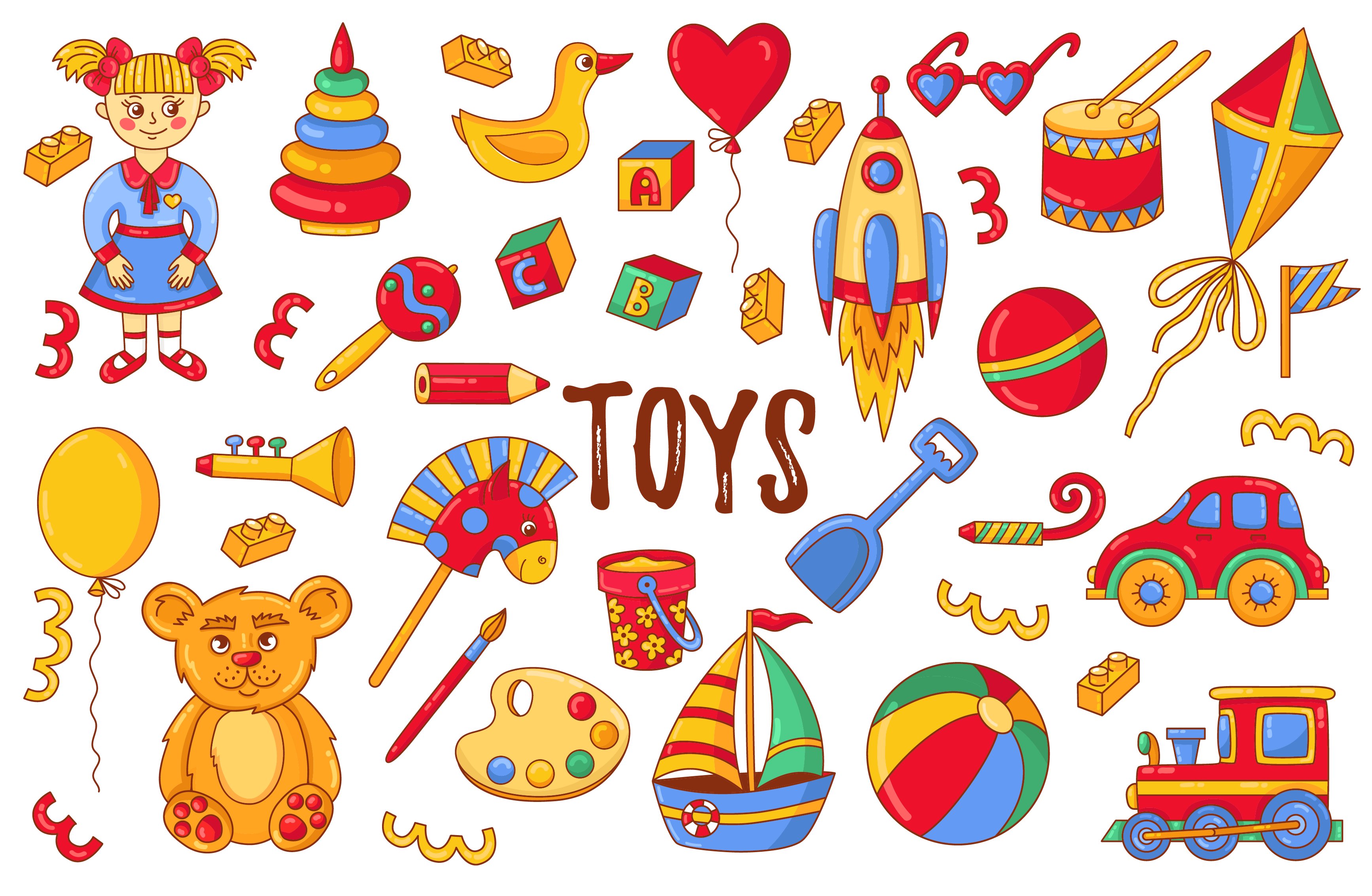 Toys cartoon vector icons set cover image.