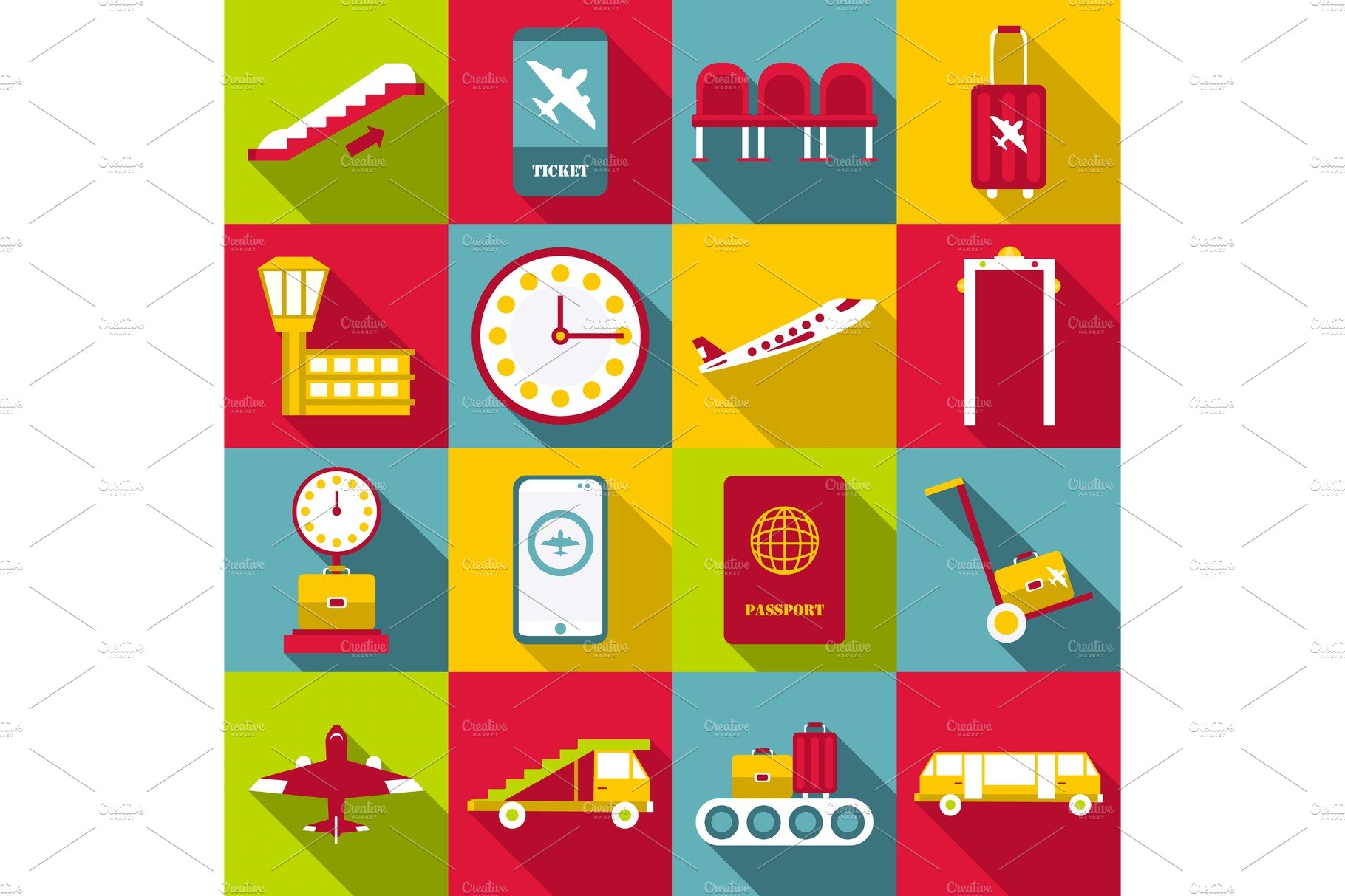 Airport symbols icons set, flat cover image.