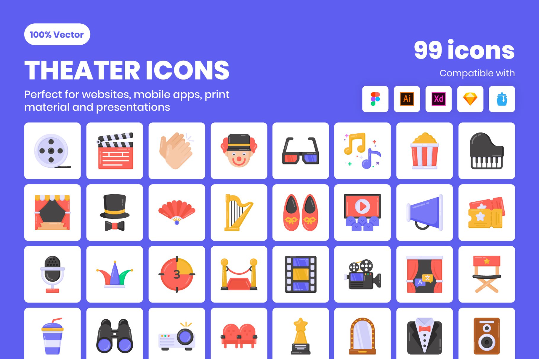 96 Flat Theater Vector Icons cover image.