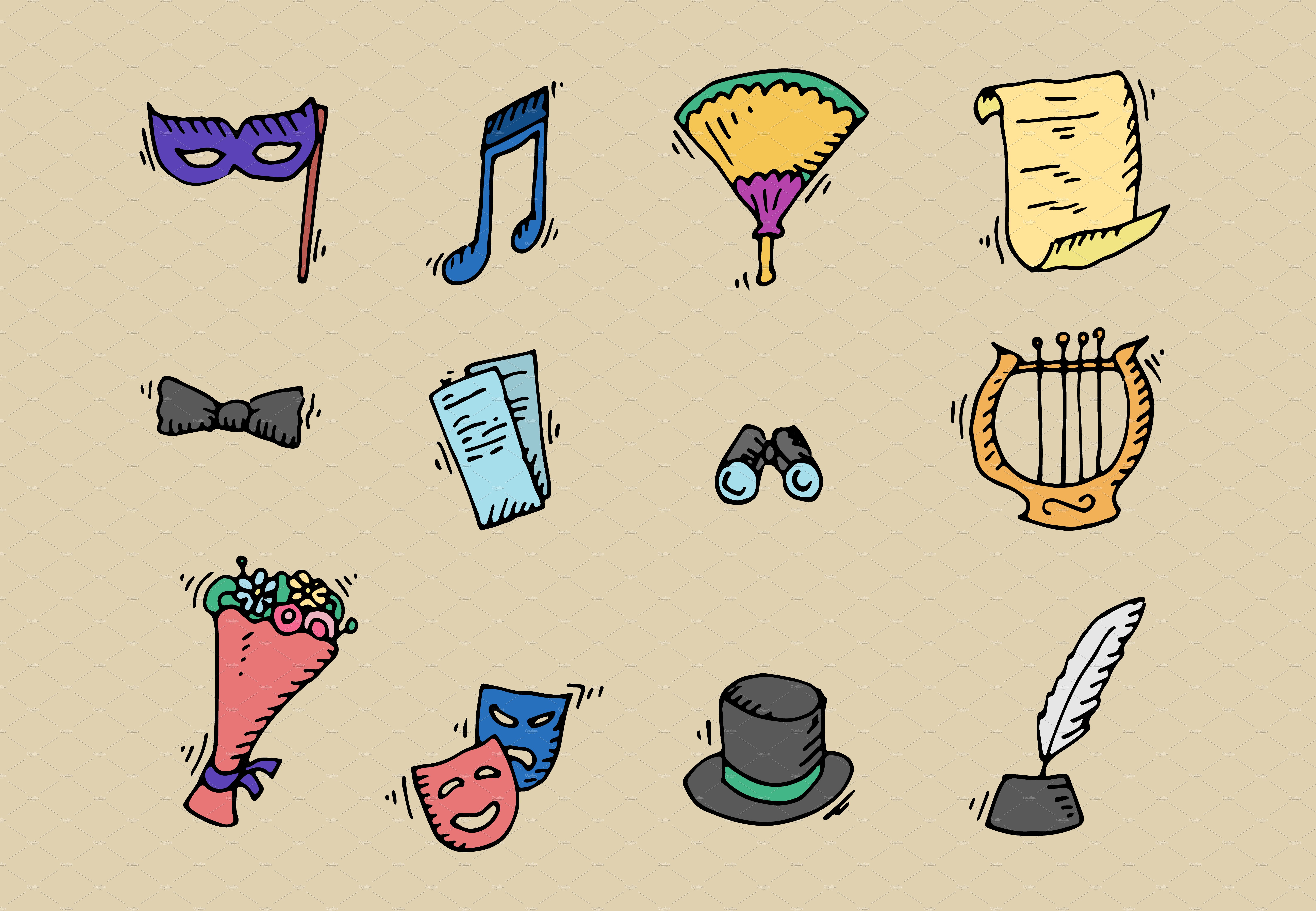 Theater. Doodle icons. Vector. cover image.