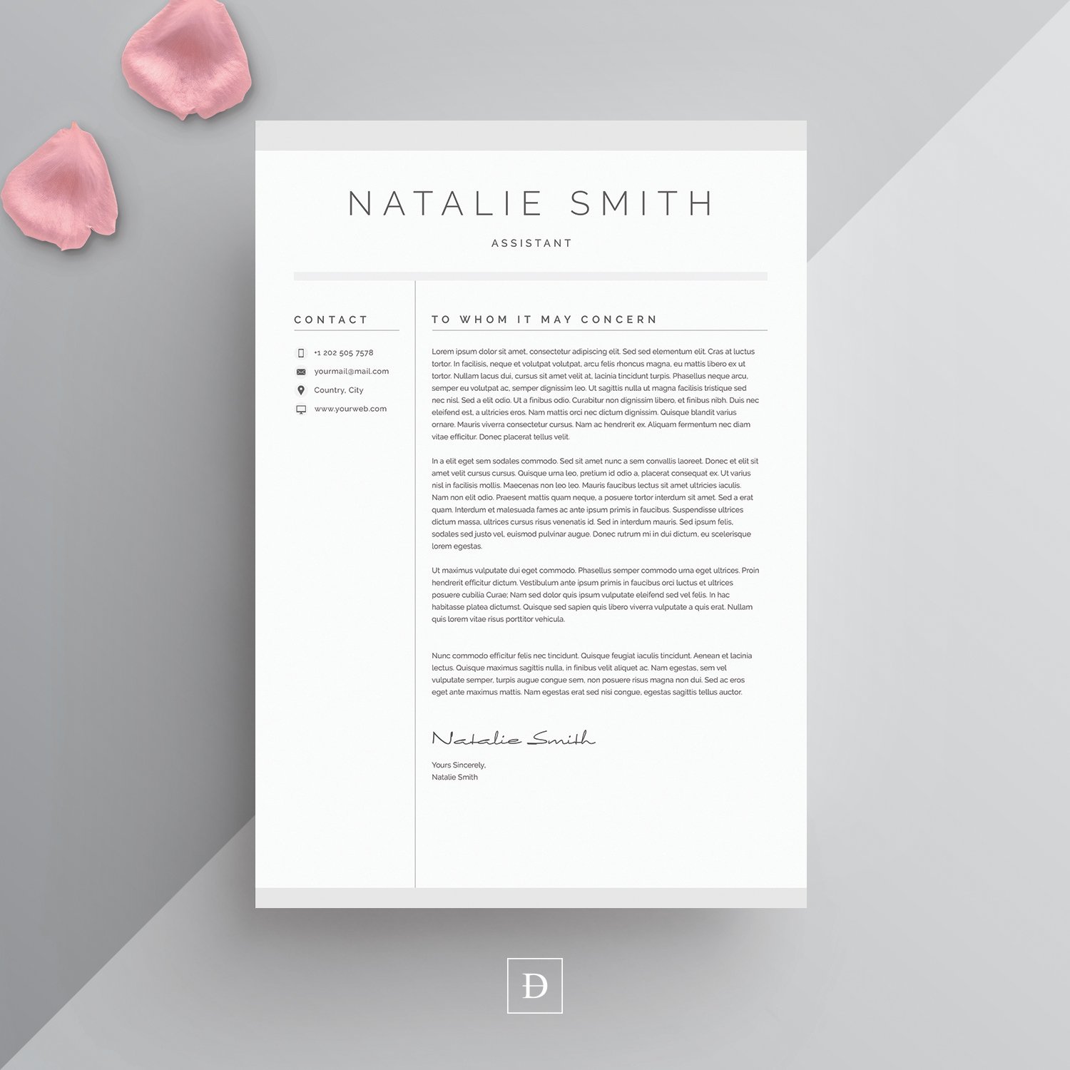 Professional resume template with a pink rose.