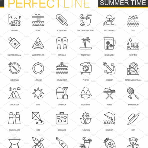 Summer time thin line icons set cover image.