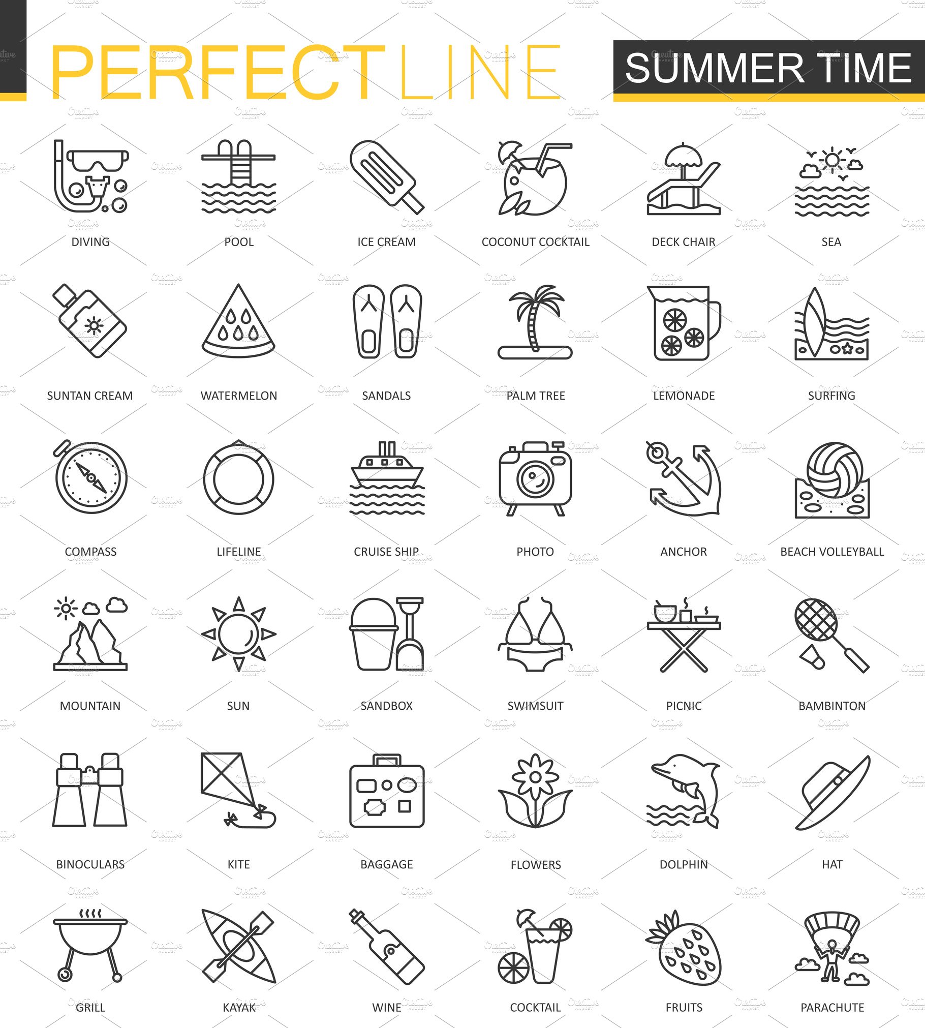 Summer time thin line icons set cover image.