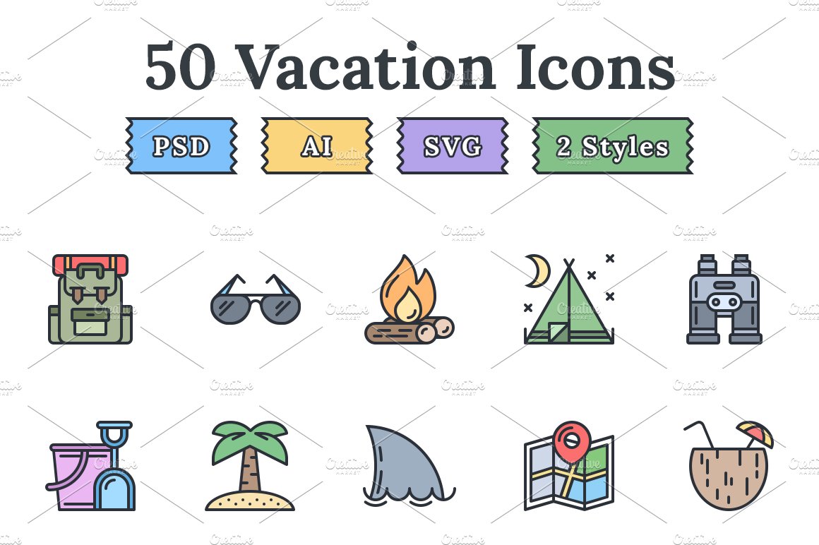 Hotel & Vacation flat landing icons cover image.