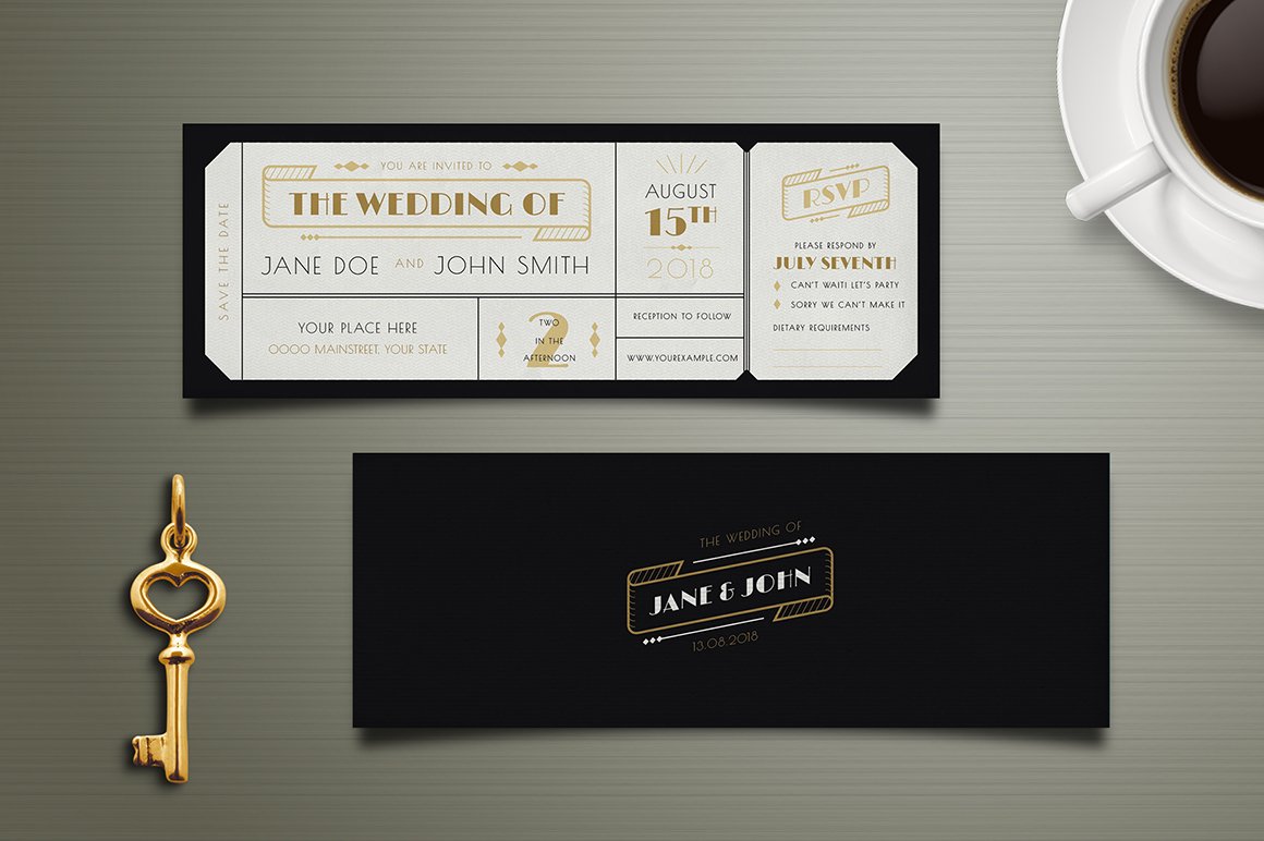 Art Deco Wedding Invitation Ticket preview image.