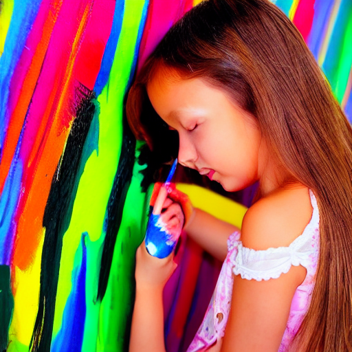 Little girl holding a toothbrush in front of a colorful wall.