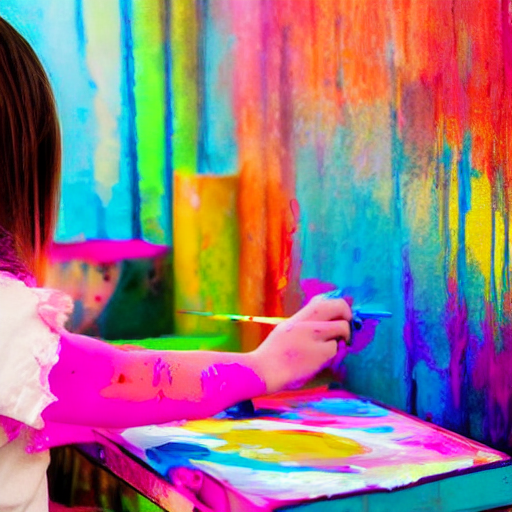 Little girl painting on a colorful wall.