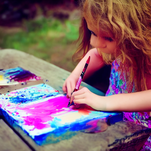 Little girl is painting on a piece of paper.