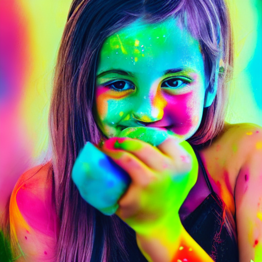 Young girl covered in colored powder posing for a picture.