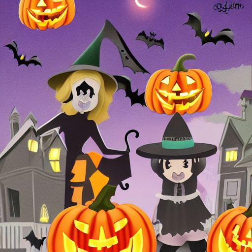 Halloween scene with pumpkins and a witch.