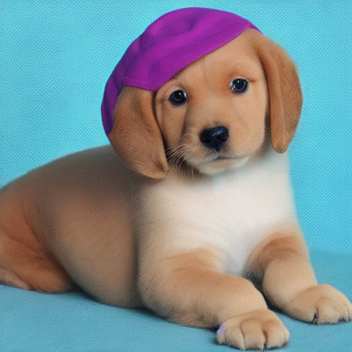 Brown and white puppy wearing a purple hat.