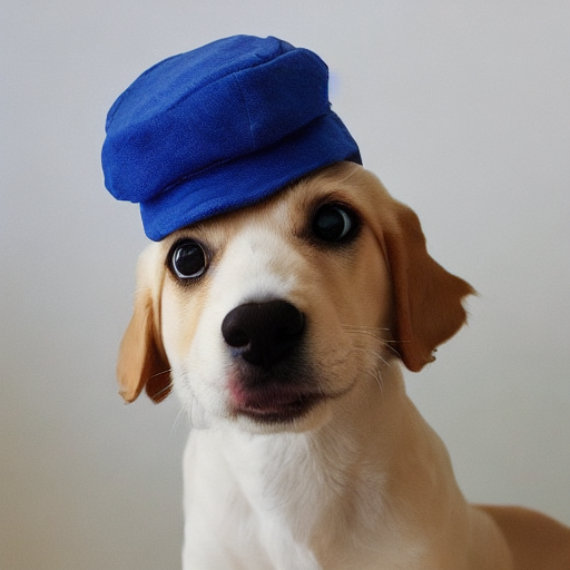 Dog with a blue hat on it's head.