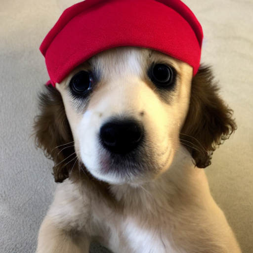 Puppy with a red hat on its head.