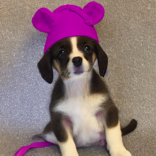 Puppy wearing a pink hat sitting on the floor.