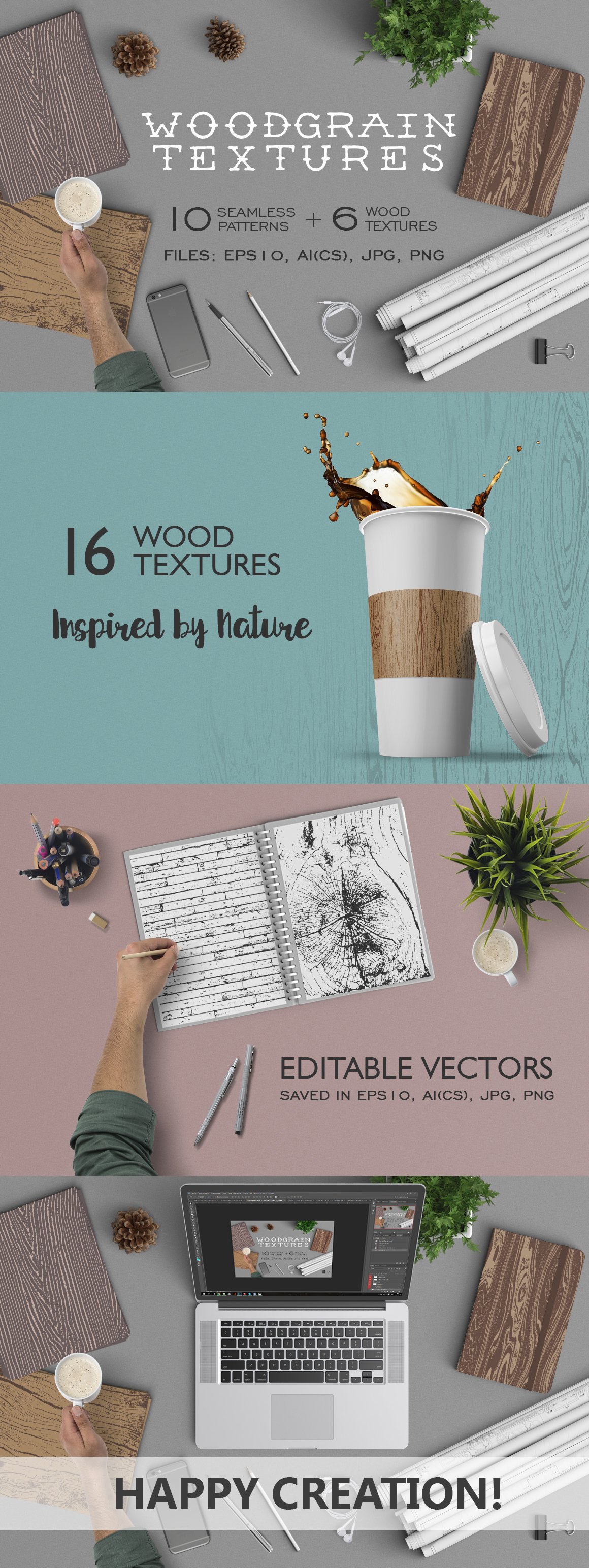 Woodgrain textures. Vector patterns cover image.