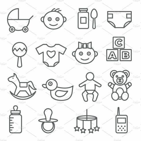 Baby line icons set on white cover image.
