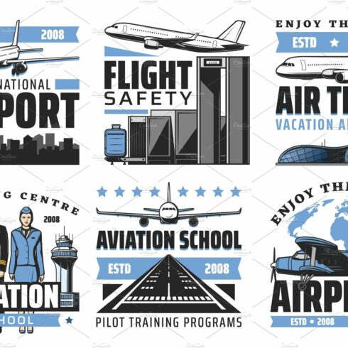Airlines, airport, aviation icons cover image.