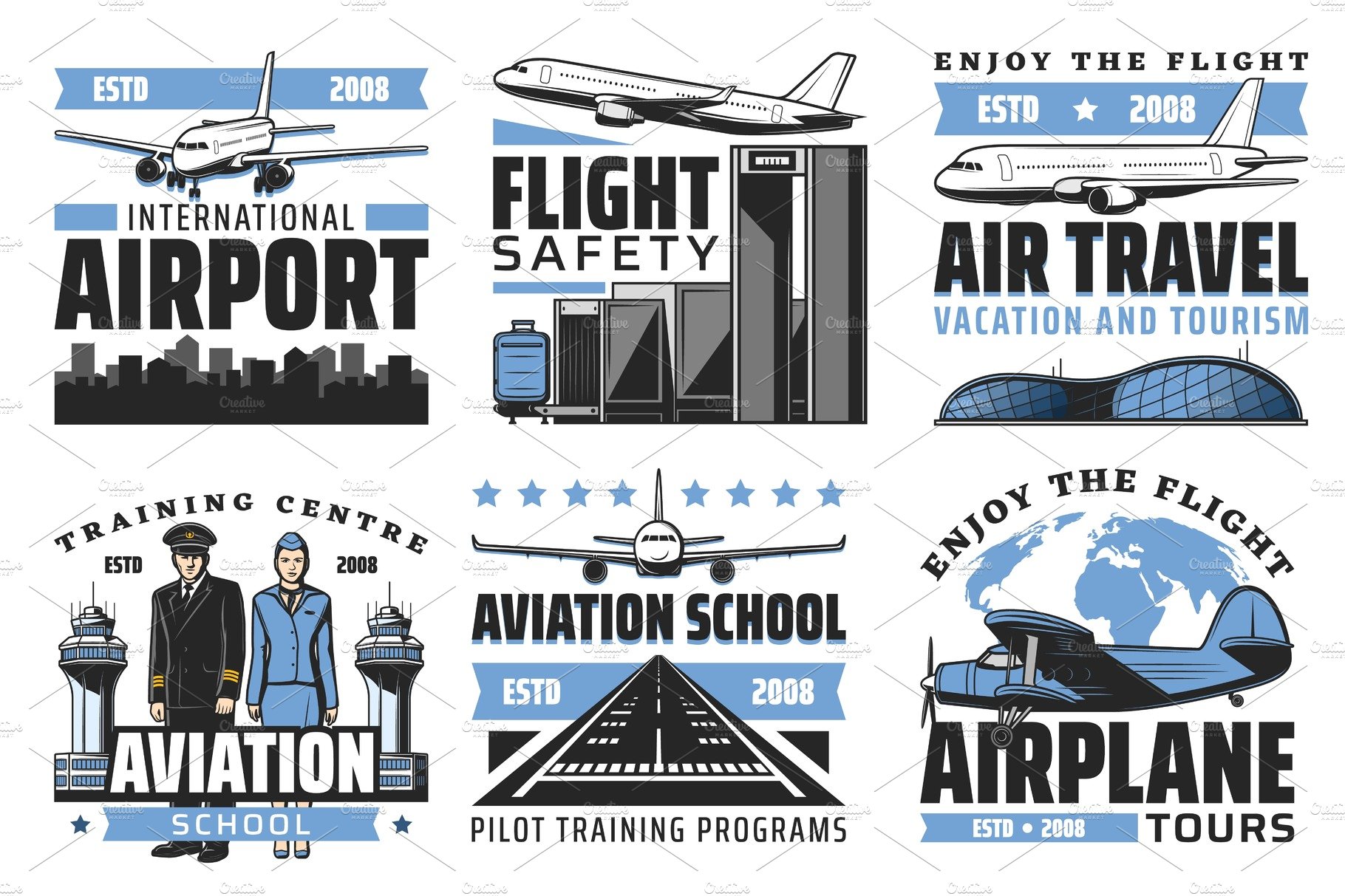 Airlines, airport, aviation icons cover image.