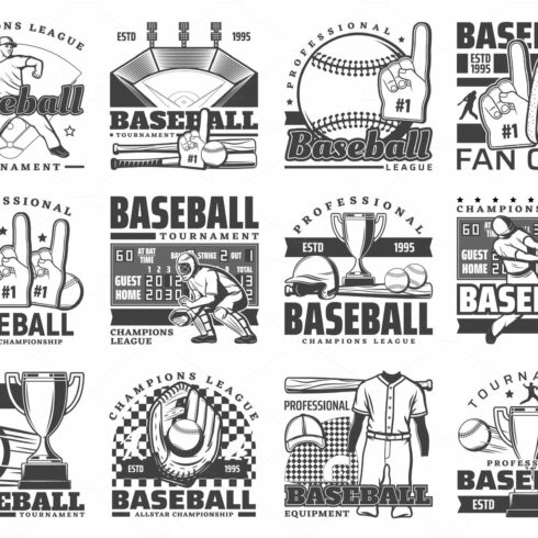 Baseball sport ball, bat icons cover image.