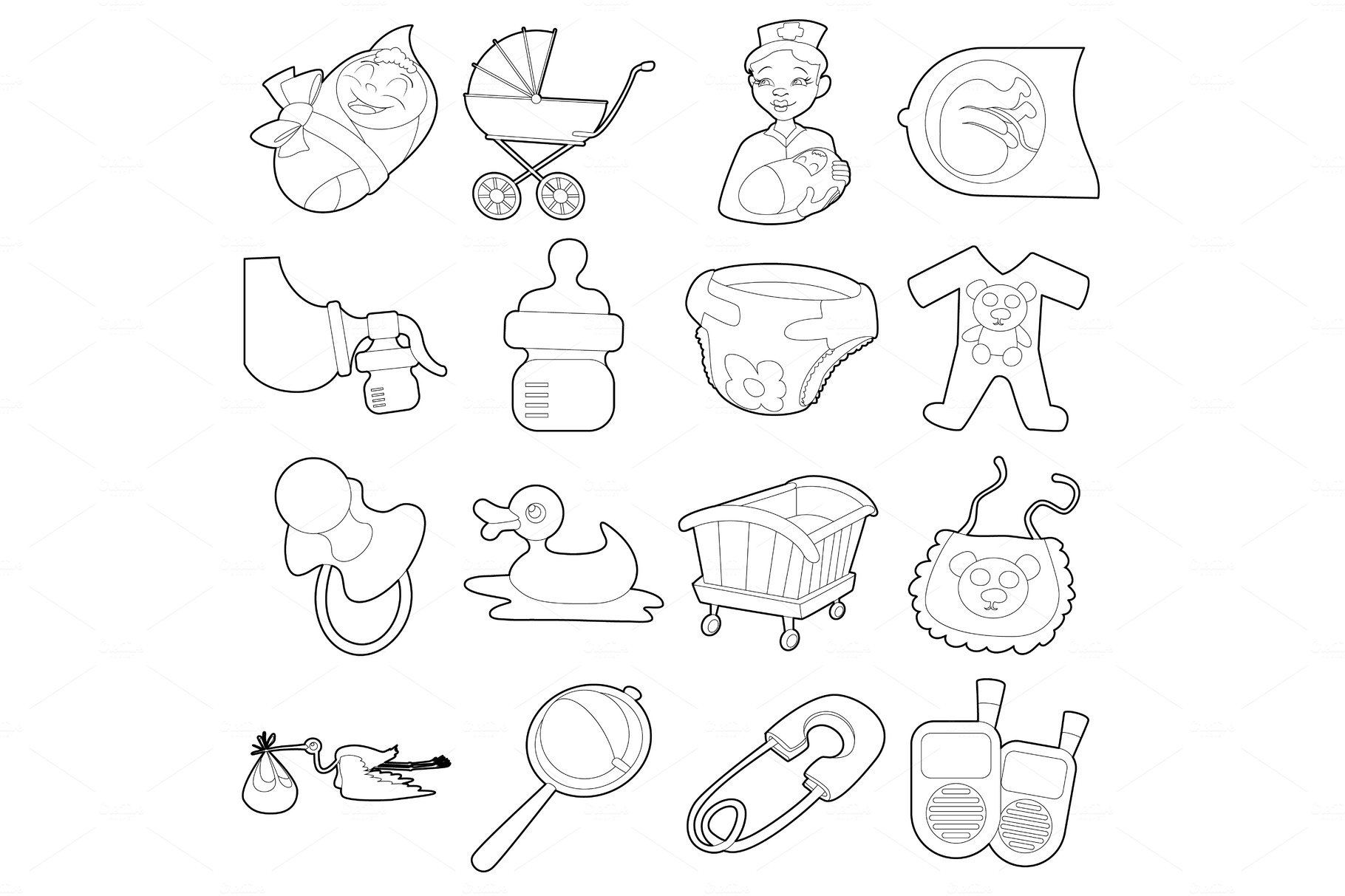 Baby born icons set, cartoon outline cover image.