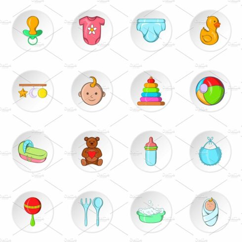 Baby care icons, cartoon style cover image.
