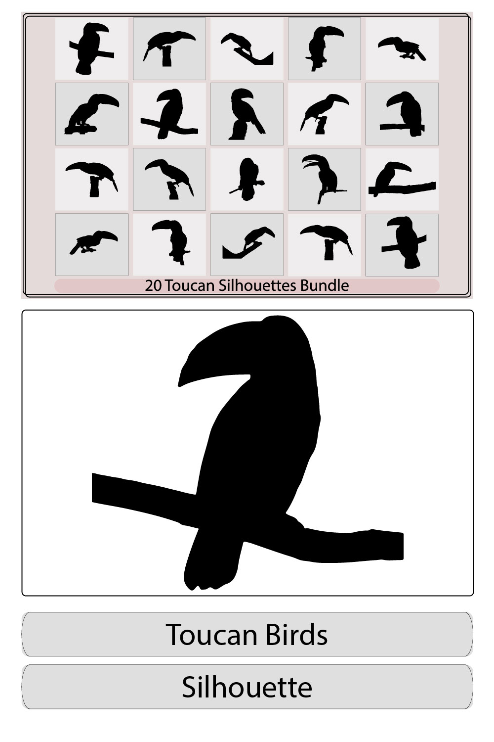 Toucan silhouette,toucan bird black silhouette logo icon design vector illustration,Vector illustration of a black silhouette toucan pinterest preview image.