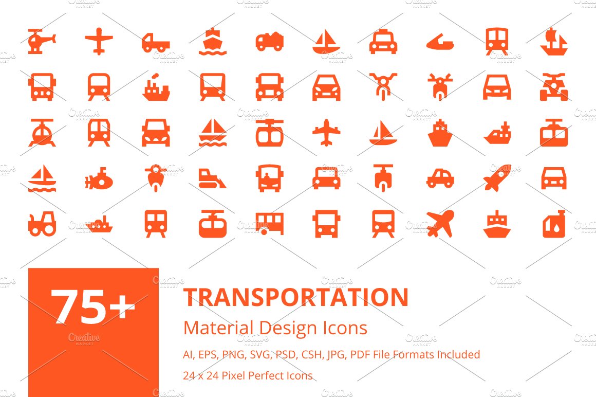 90 Transportation Material Icons cover image.