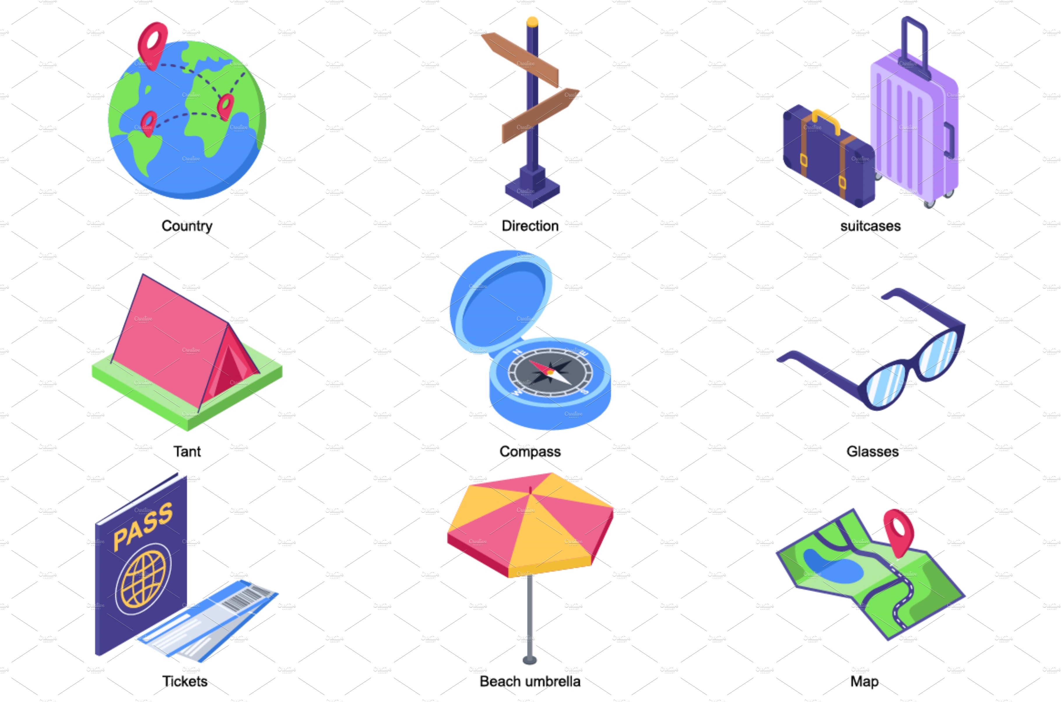 Travel vacation 3d isometric icons cover image.