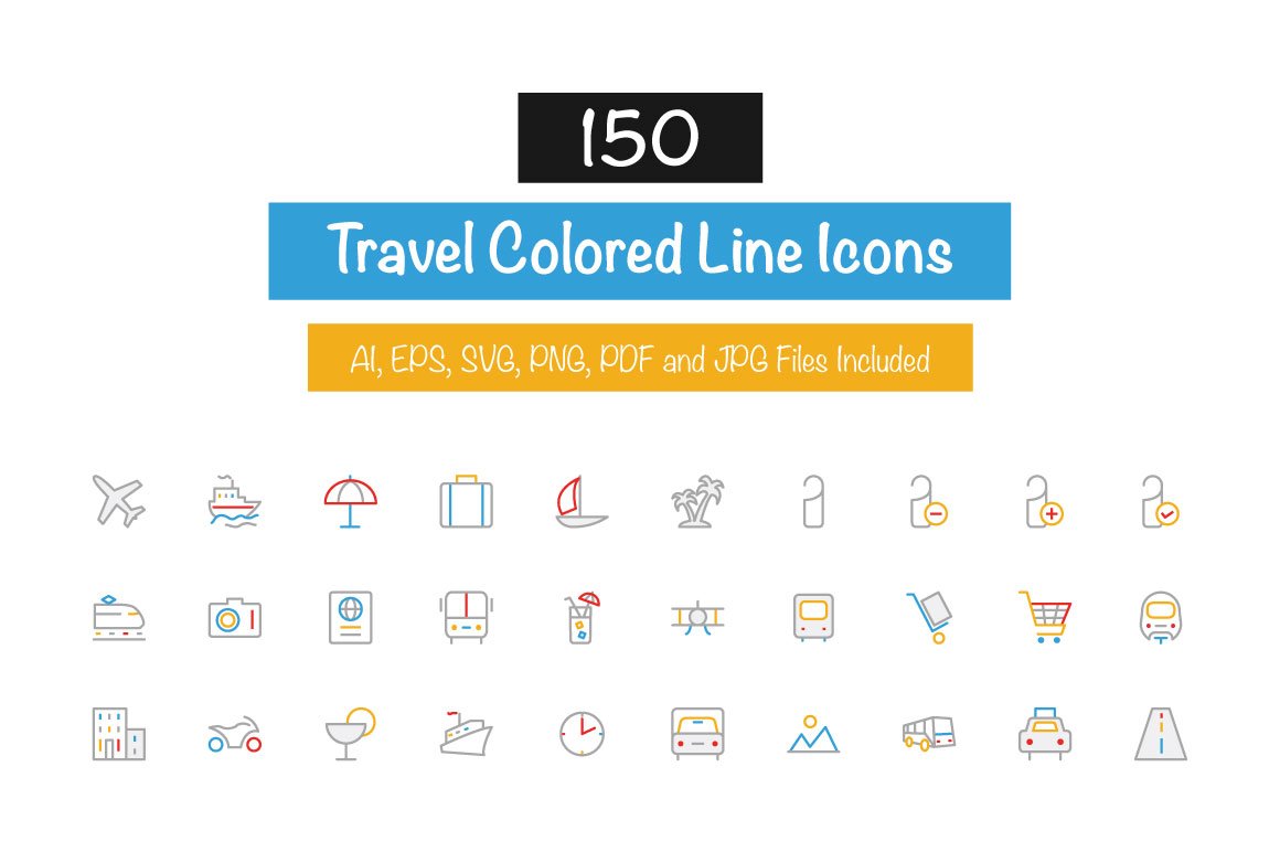 150 Travel Colored Line Icons cover image.