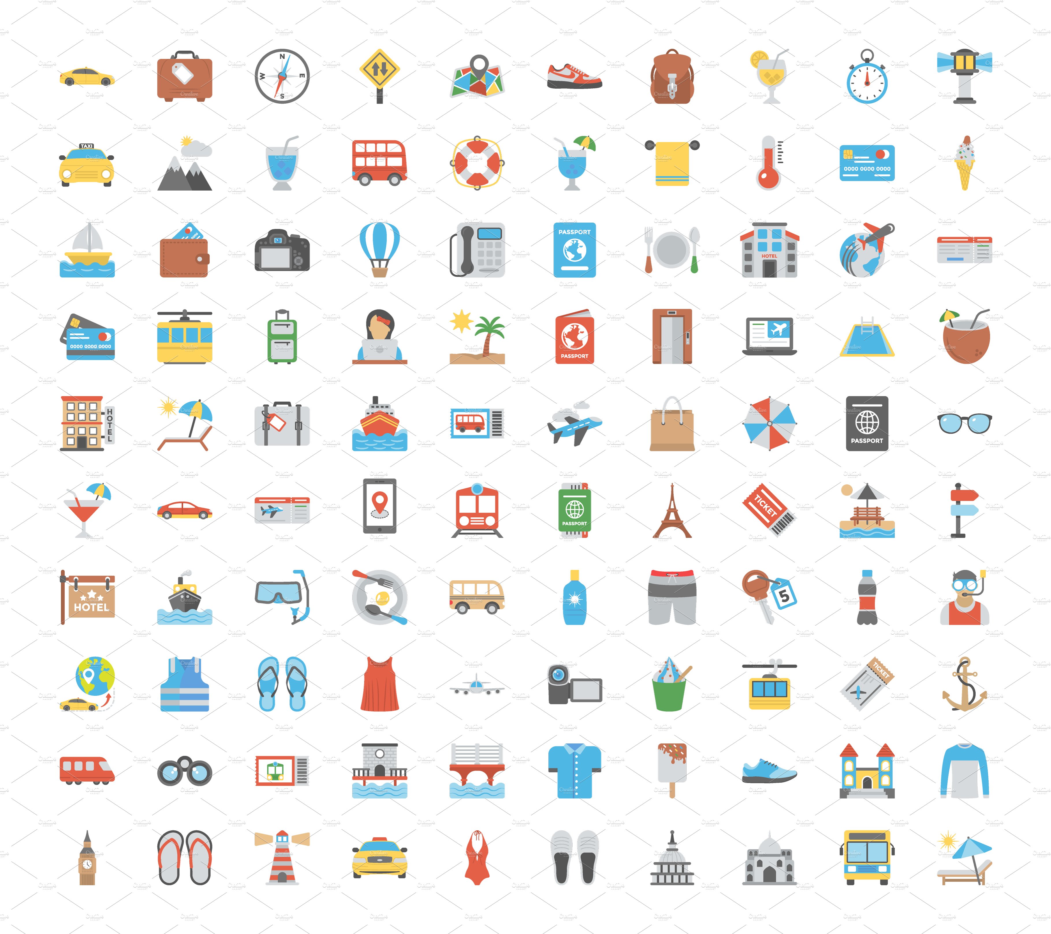 100 Flat Icons Set of Travel preview image.