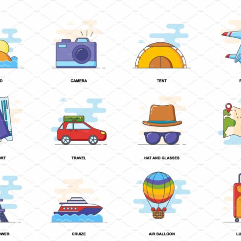 Travel web concept flat icons set cover image.