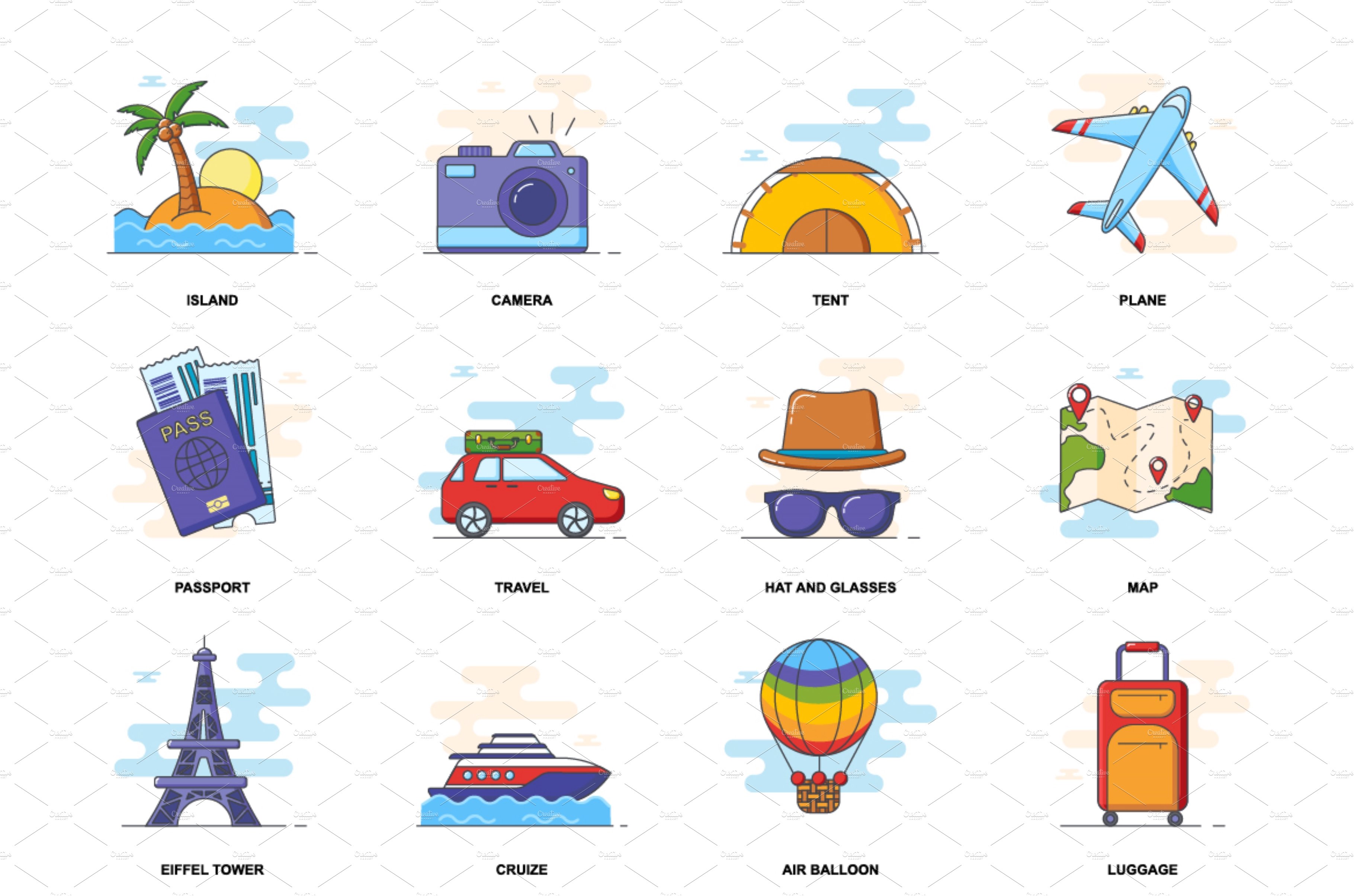 Travel web concept flat icons set cover image.