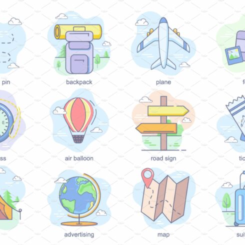 Travel concept flat icons set cover image.