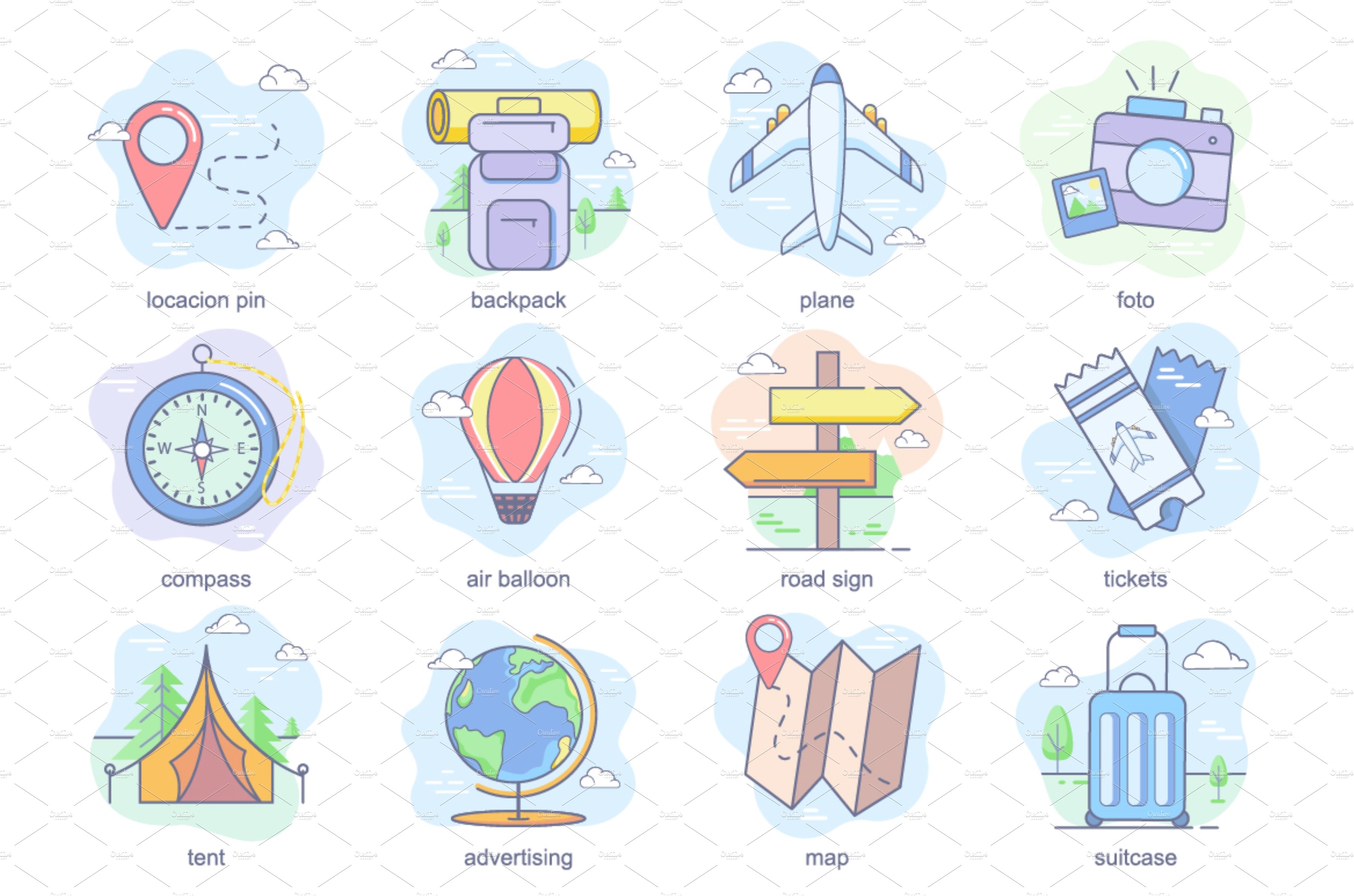 Travel concept flat icons set cover image.