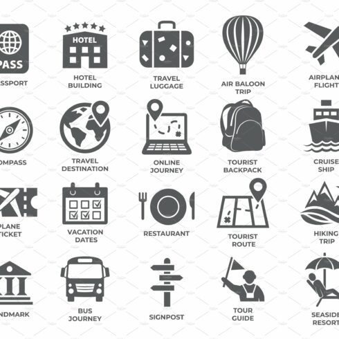 Tourism and travel icons set on cover image.