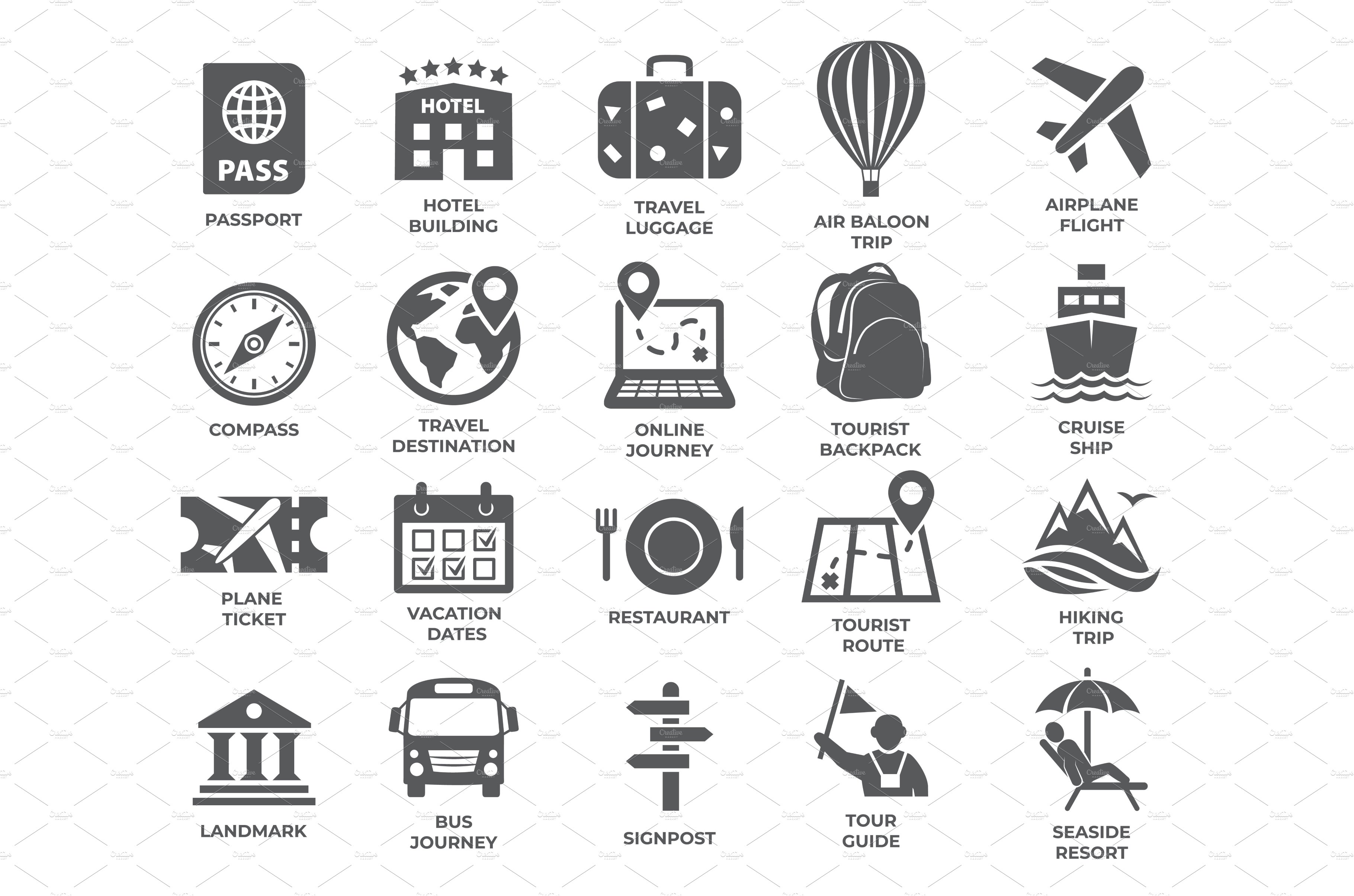 Tourism and travel icons set on cover image.