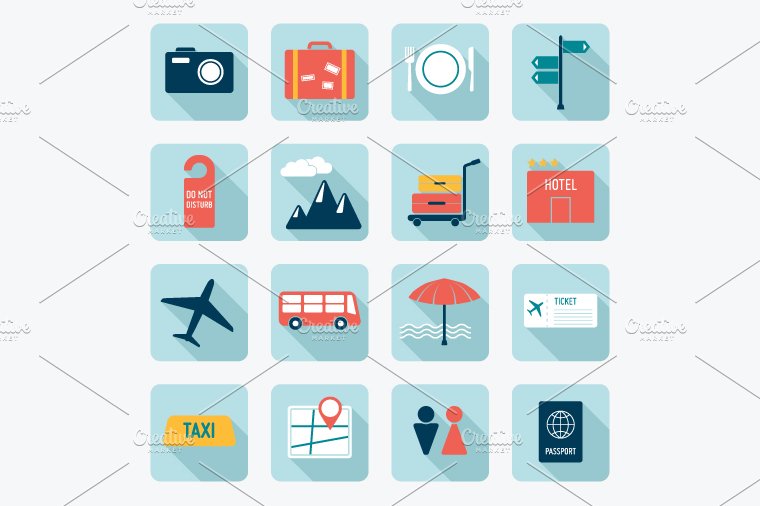 16 Flat Travel Icons preview image.