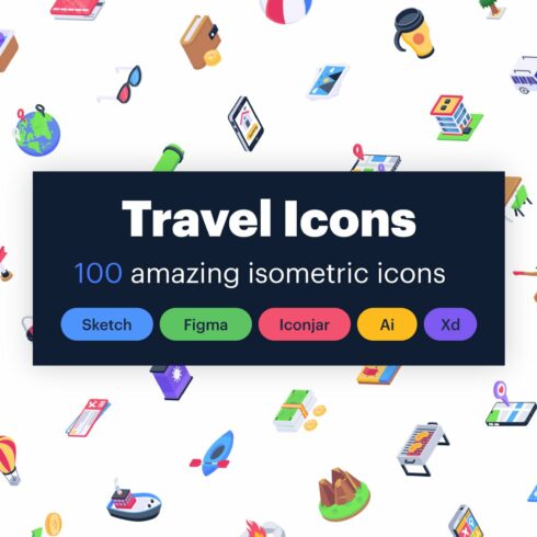 100 Isometric Travel Vector Icons cover image.