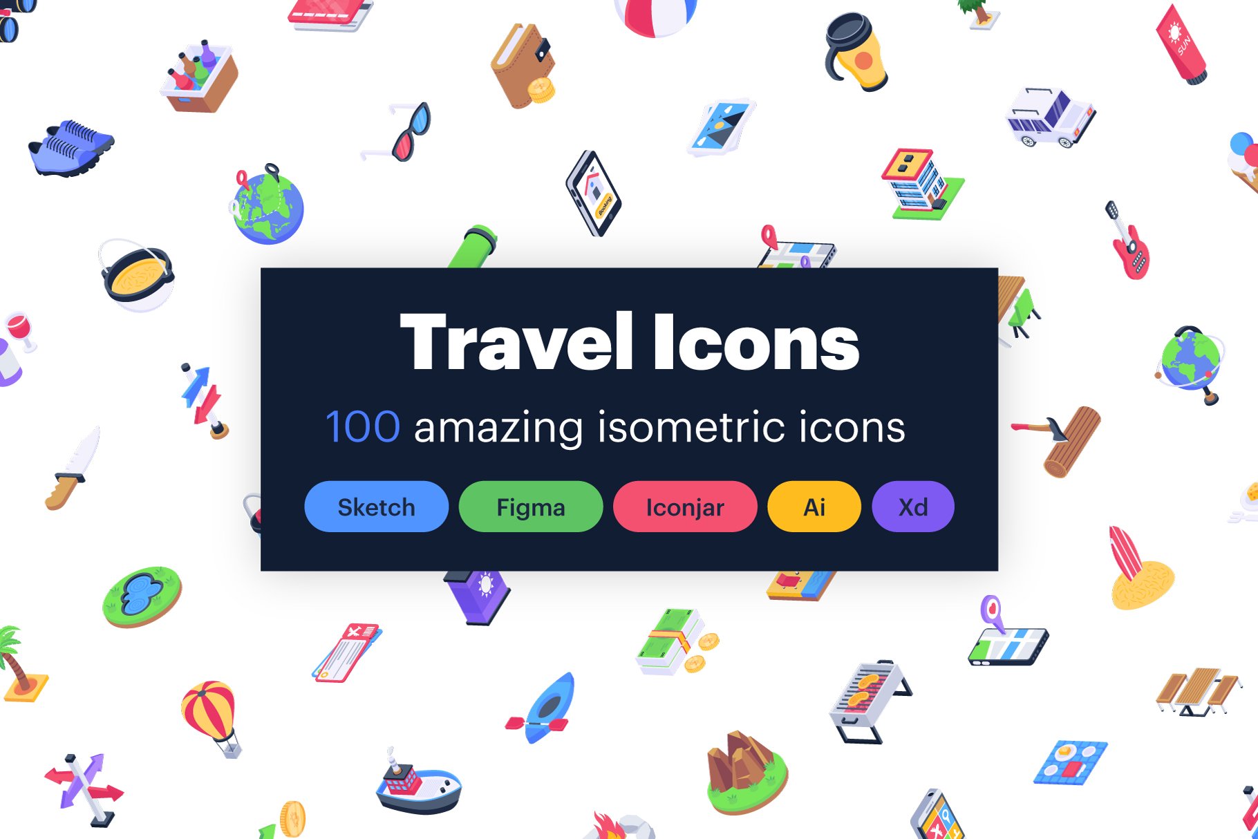 100 Isometric Travel Vector Icons cover image.