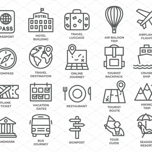 Tourism and travel line icons set on cover image.